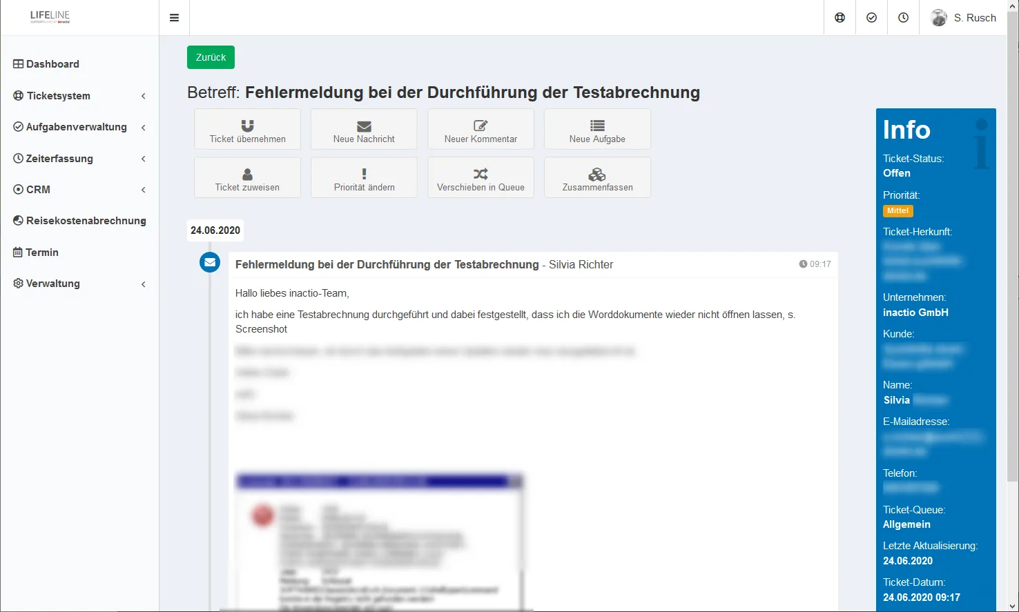 Screenshot: Ticketbearbeitung mit Historie und Kommentaren